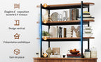 Gabinetto con puertas correderas y estante superior, estante abierto de 4 niveles, armario de cocina moderno con revestimiento de listas verticales, patas de metal doradas, armario de almacenamiento para comedor y salón, color oscuro