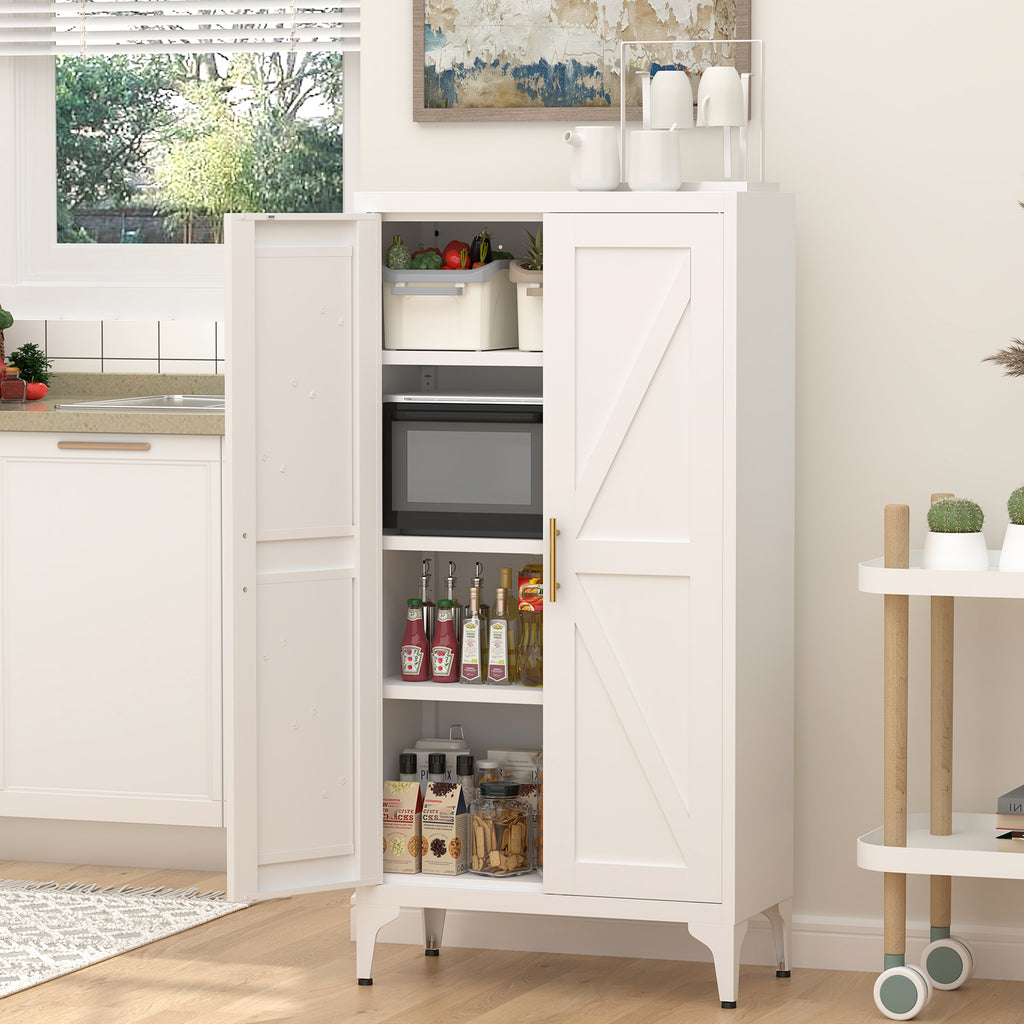 Gabinet de almacenamiento metálico de 2 puertas ajustable para despensa de la cocina, gabinete de despensa con estantes ajustables, todo de acero, para la cocina, el salón, el comedor y la oficina, blanco