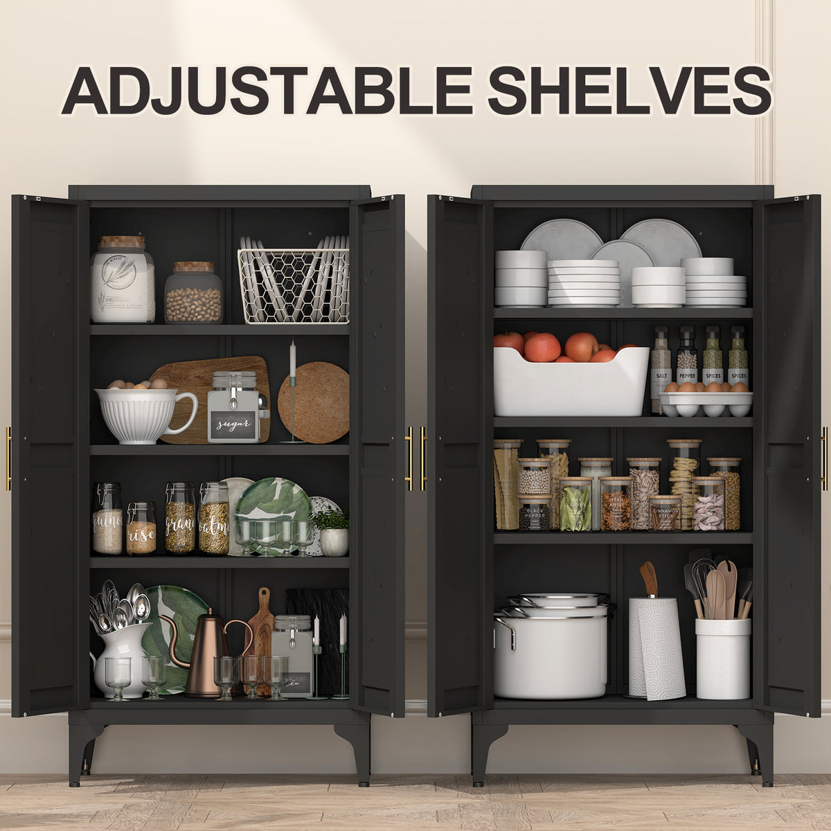 Gabinet de almacenamiento metálico de dos puertas ajustable para despensa de cocina, gabinete para el salón, comedor y oficina, negro