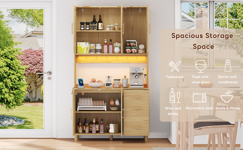 Antecabina de cocina de 183 cm, bufet, luces de decoración LED controladas por app, 2 x USB, 2 x enchufes, tableros de empotramiento ajustables, 3 cajones, asas de metal doradas, ideal para cocinas y comedores.