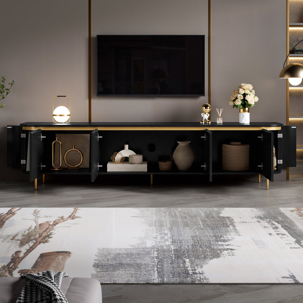 Armario bajo para TV con patas de hierro, 6 puertas, bordes redondeados y ranurado para cables, ideal para el salón