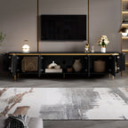 Armario bajo para TV con patas de hierro, 6 puertas, bordes redondeados y ranurado para cables, ideal para el salón