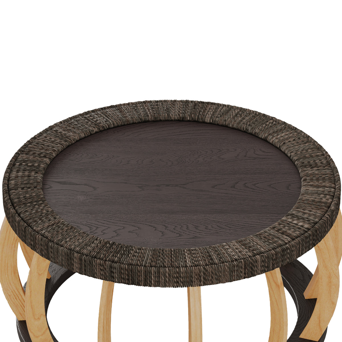 Mesa de café redonda de madera sólida con mimbre vintage, patas curvas, acento boho para el comedor, la cocina y la sala de estar, Negro Marrón