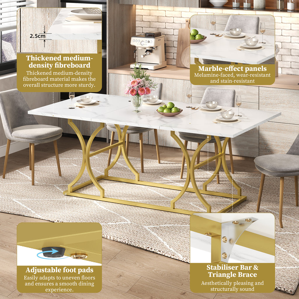 Mesa de comedor de 200×80cm, para 8–10 personas, diseño moderno en óptica de mármol, placa de mesa de 2,5 cm de espesor, resistente al agua y al arañazo, patas metálicas de color oro con correderas ajustables, adecuada para el salón y el comedor