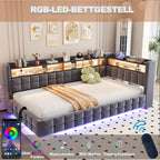 Sofa cama poltrona multifuncional 90 × 200 cm, con espacio de almacenamiento hidráulico, estante de madera, tira de luz LED, toma de corriente, conectores de carga USB y Type-C, soporte de armazón de madera, material de terciopelo gris oscuro