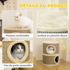 Torre de gato de 49 cm de altura, de 35,5 cm de diámetro, con dos niveles, con borde de plush y alfombra de rascar, 2 cuevas Khaki + Café