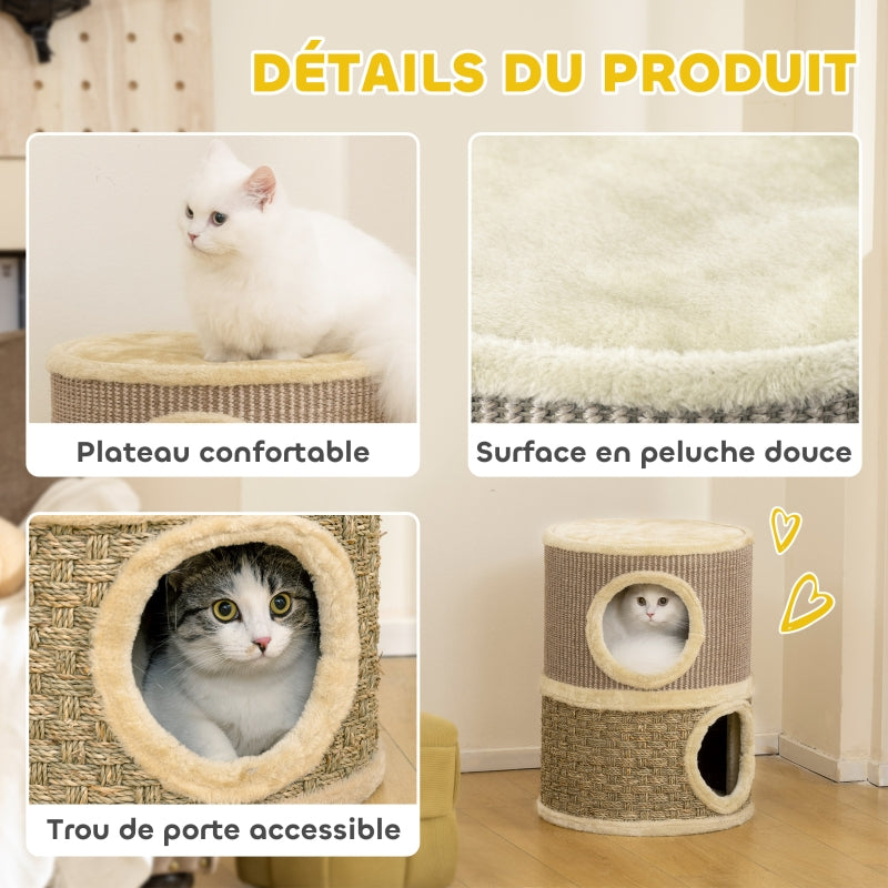 Torre de gato de 49 cm de altura, de 35,5 cm de diámetro, con dos niveles, con borde de plush y alfombra de rascar, 2 cuevas Khaki + Café