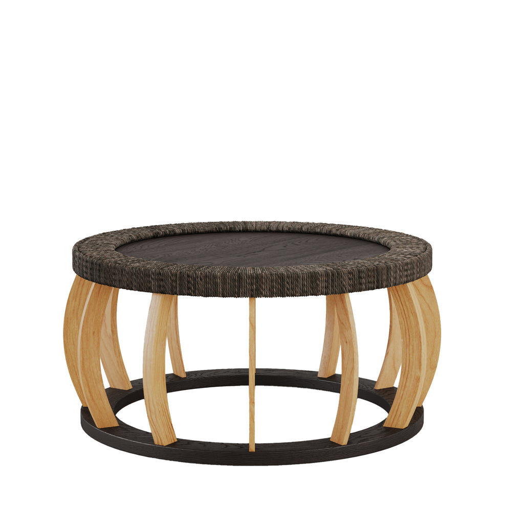 Mesa de café redonda de madera sólida con mimbre vintage, patas curvas, acento boho para el comedor, la cocina y la sala de estar, Negro Marrón