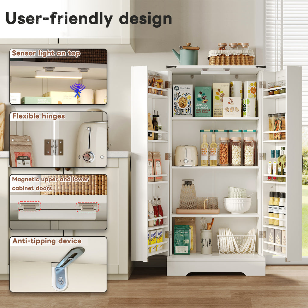 Armario de cocina de 128,5 cm, armario de almacenamiento rural – Armario de almacenamiento de alimentos con LED, con 2 puertas y estantes ajustables para pequeñas habitaciones en el comedor o el salón, estructura de presión por debajo blanca