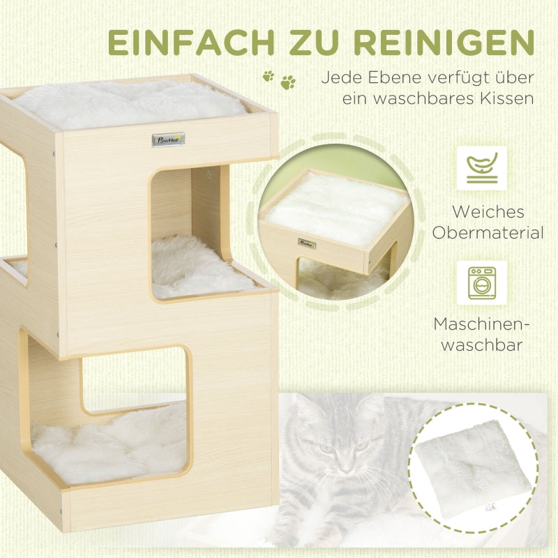 Tonera para gato, casa para gato, 2 niveles, incluye juguete, 34 cm x 34 cm x 60 cm, Natural + Gris claro