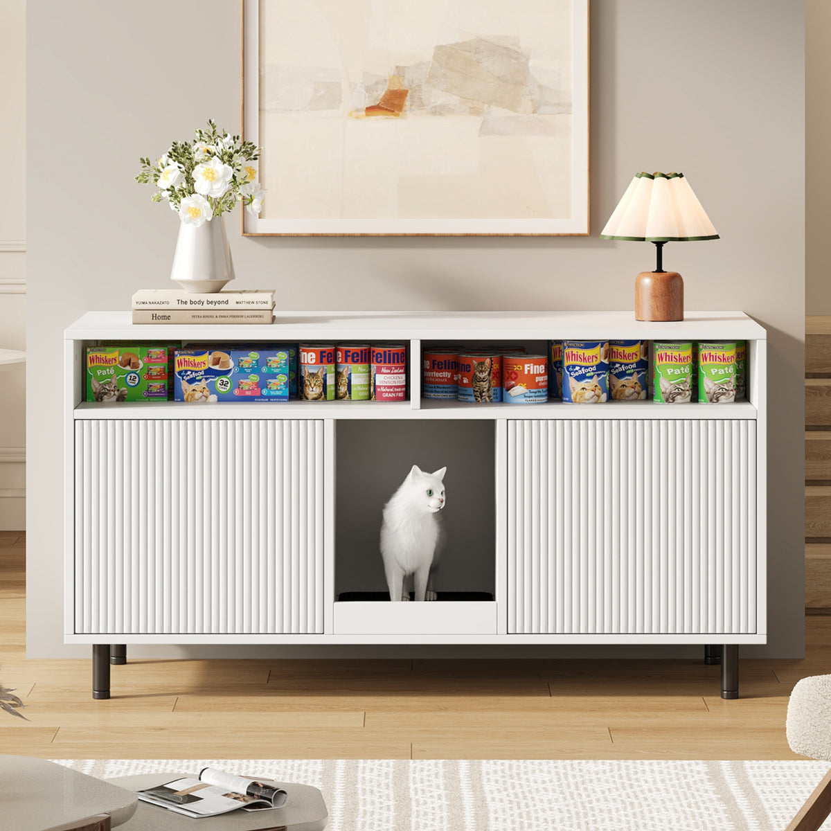 Katzentoiletten-Schrank/Katzenstreuwanne-Schrank con Alfombra de Cojín para Arena, Armario para Mascotas con Soporte, Sideboard/TV Stand para Mascotas, sin Baño para Gato, 120x50x66cm, Blanco