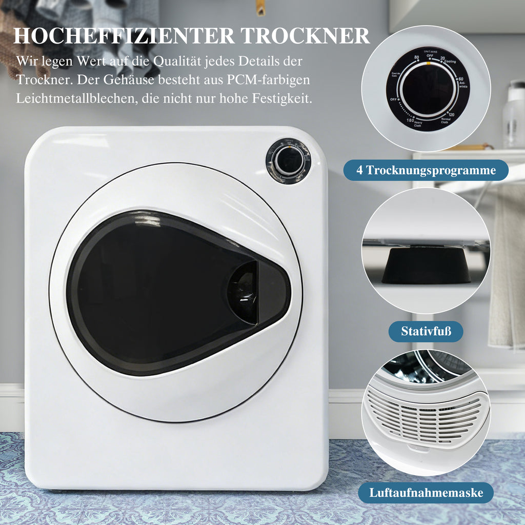 Secador de ropa de alta calidad – Calentamiento PTC en cerámica y tambor de acero inoxidable, 4 programas incluyendo función de enfriamiento, doble seguridad, montaje en pared o apilable. Caja PCM, Capacidad nominal: 3 kg (realmente 5 kg).