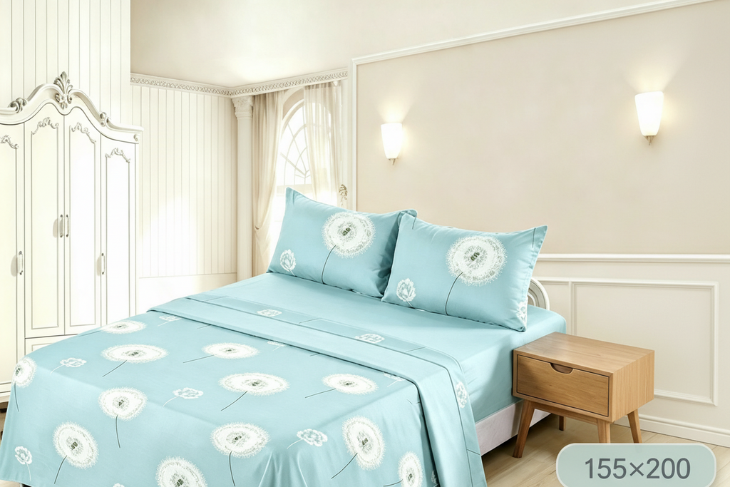 Bettlaken-Set 4-teilig | Löwenzahn-Print | Himmelblau | Oberlaken + 2 Kissenbezüge | Weich und Atmungsaktiv
