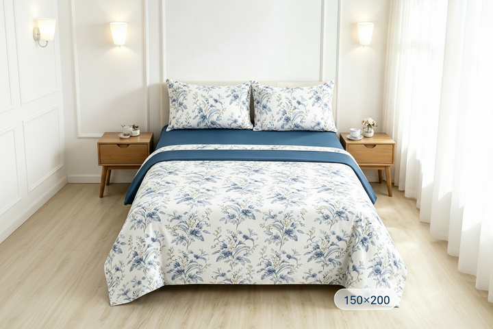 4-teiliges Bettwäsche-Set | Klassischer floraler Blaudruck | Weißer Hintergrund | Oberlaken + 2 Kissenbezüge | Weich und atmungsaktiv