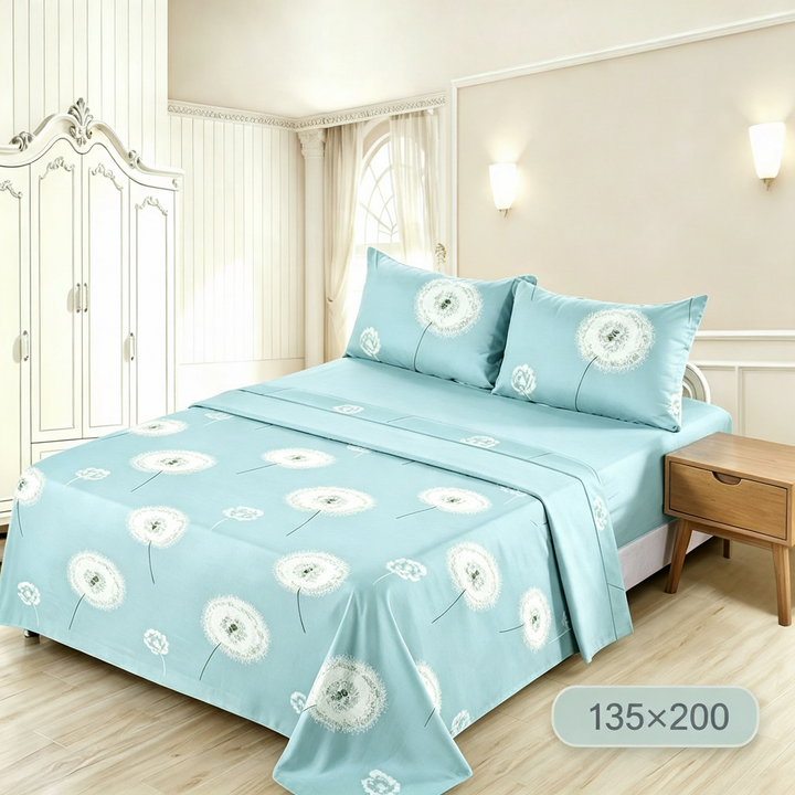 Bettlaken-Set 4-teilig | Löwenzahn-Print | Himmelblau | Oberlaken + 2 Kissenbezüge | Weich und Atmungsaktiv