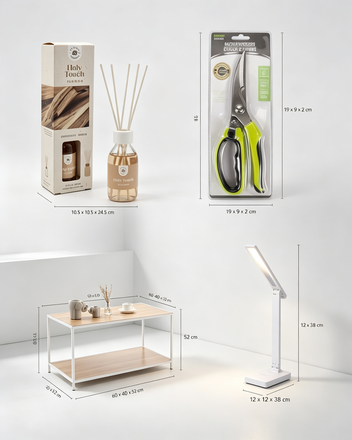 Set Zuhause Essential 4-in-1 - Beistelltisch + LED-Lampe + Mikado Holy Touch + Mehrzweckschere