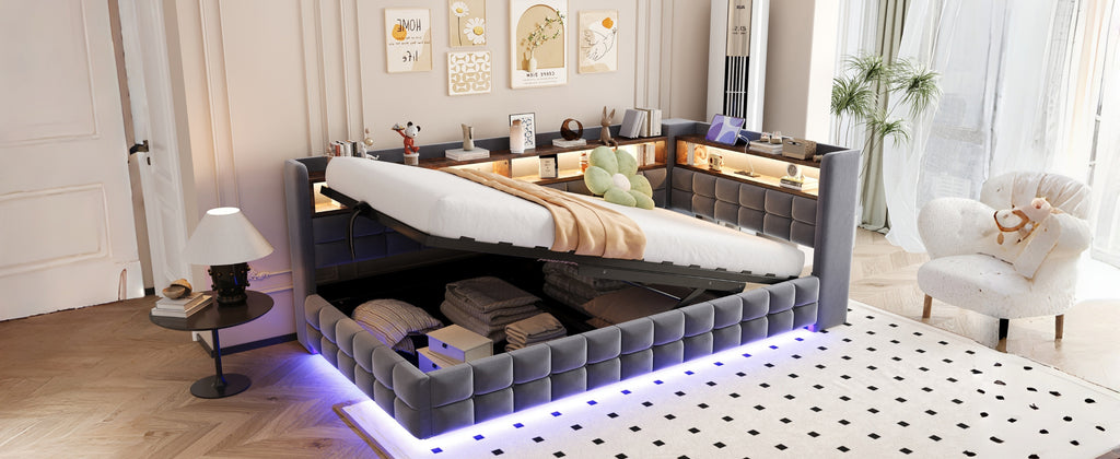 Sofa cama poltrona multifuncional 90 × 200 cm, con espacio de almacenamiento hidráulico, estante de madera, tira de luz LED, toma de corriente, conectores de carga USB y Type-C, soporte de armazón de madera, material de terciopelo gris oscuro