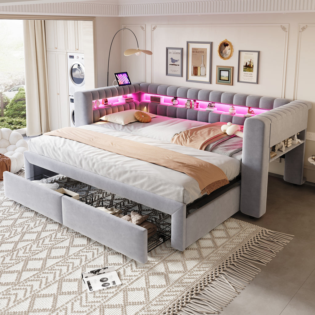 Sofá cama con cojines 90/180 × 190 cm, con cama extraíble y cajones, estantes integrados, iluminación LED, conectores USB y Typ-C, tela de seda gris claro
