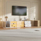 Mueble lateral para TV con iluminación LED, extensible, 2 cajones + 2 puertas correderas de cristal + 1 compartimiento, Mueble lateral para TV con espacio de almacenamiento, estante lateral, moderno, Blanco & Madera, 175×40×35,5 cm