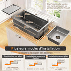 Lavabo de instalación de 75x45cm de acero inoxidable con tabla de corte, fregadero interior adicional y colador, lavabo de cocina con recubrimiento PVD, desague en cascada, construcción silenciosa y 3 tocones para accesorios