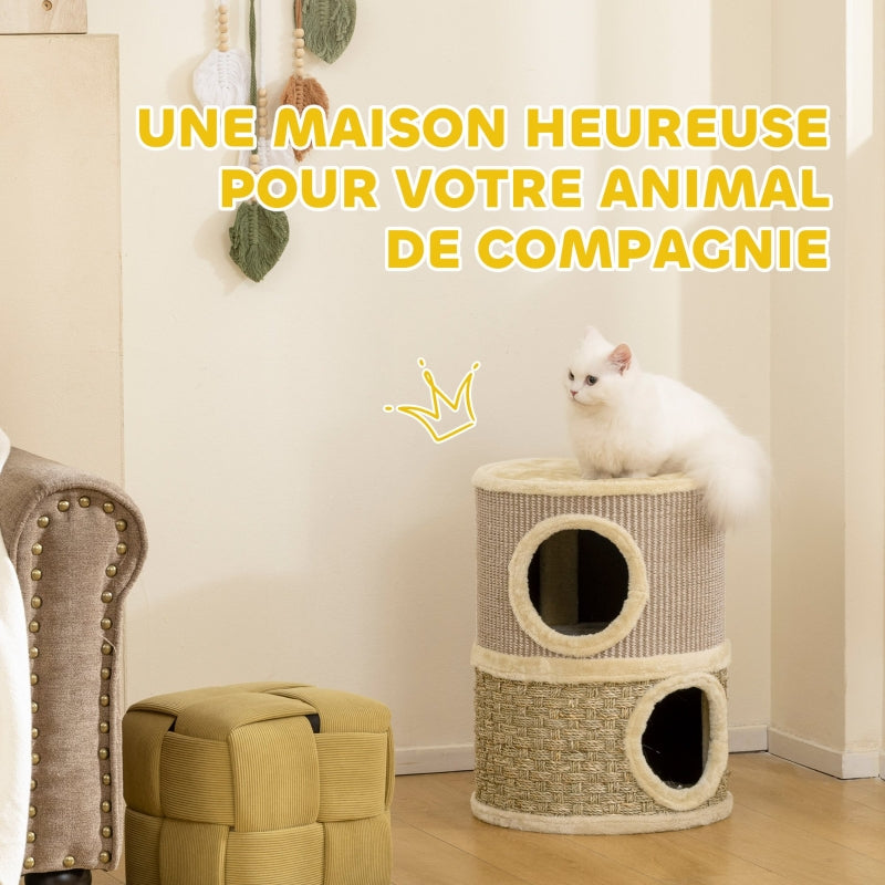 Torre de gato de 49 cm de altura, de 35,5 cm de diámetro, con dos niveles, con borde de plush y alfombra de rascar, 2 cuevas Khaki + Café