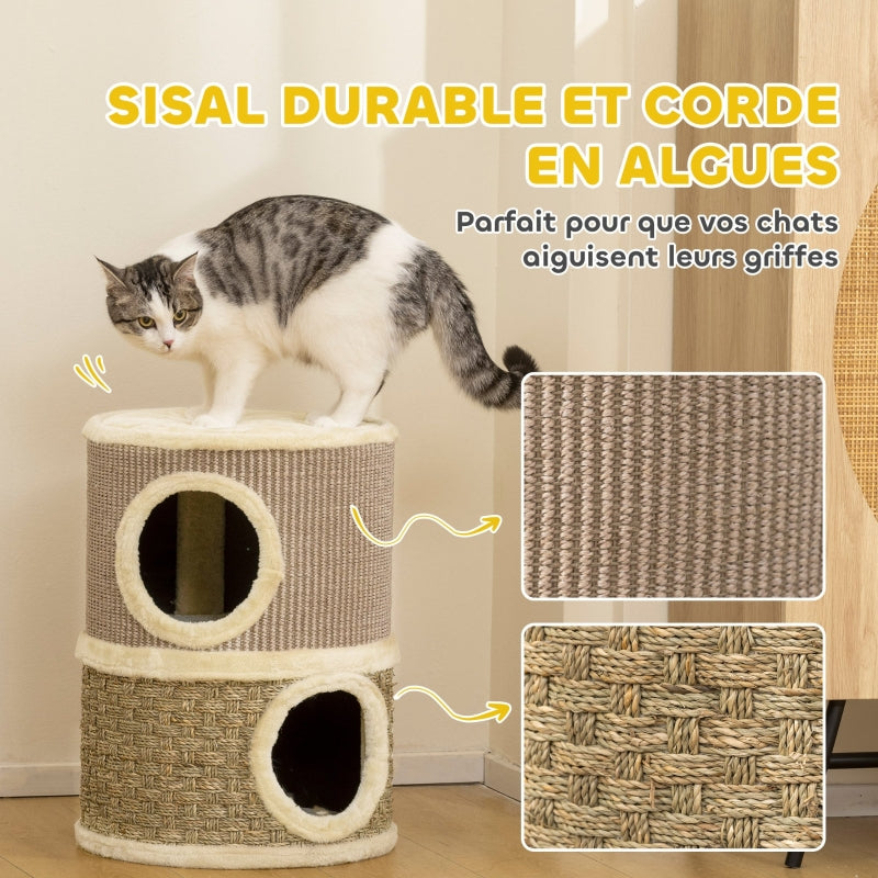 Torre de gato de 49 cm de altura, de 35,5 cm de diámetro, con dos niveles, con borde de plush y alfombra de rascar, 2 cuevas Khaki + Café