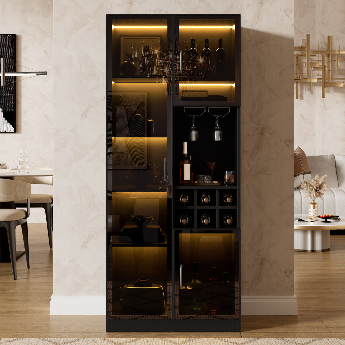 Vitrina con iluminación LED controlable por App, armario de cristal con puertas de cristal, estante para vinos y espacio de almacenamiento, armario para el salón