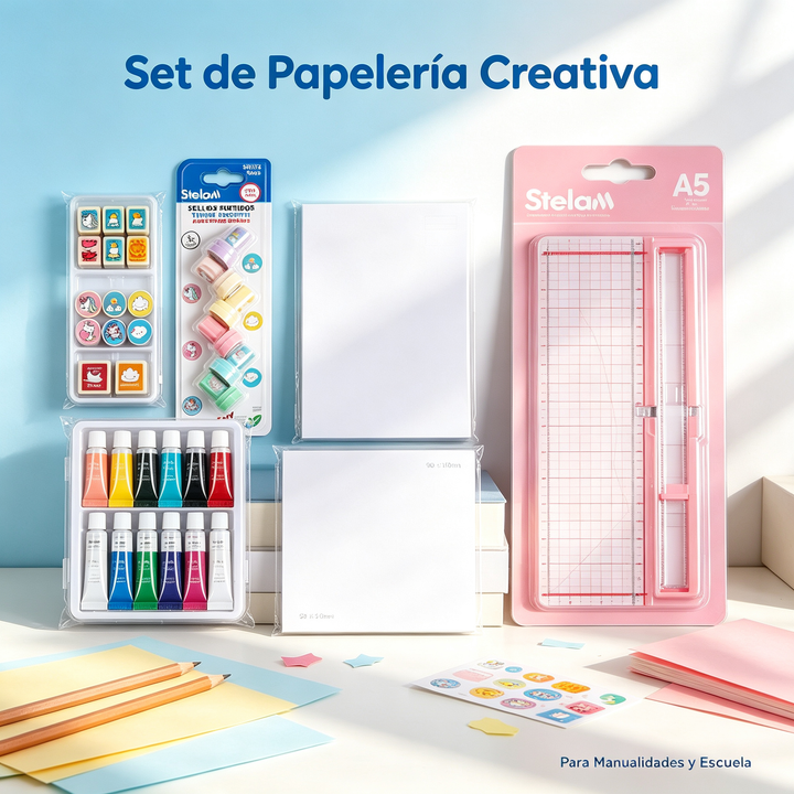 Kreatives Briefpapier-Set - Stempel, Farbe, Notizzettel und A5-Schneider