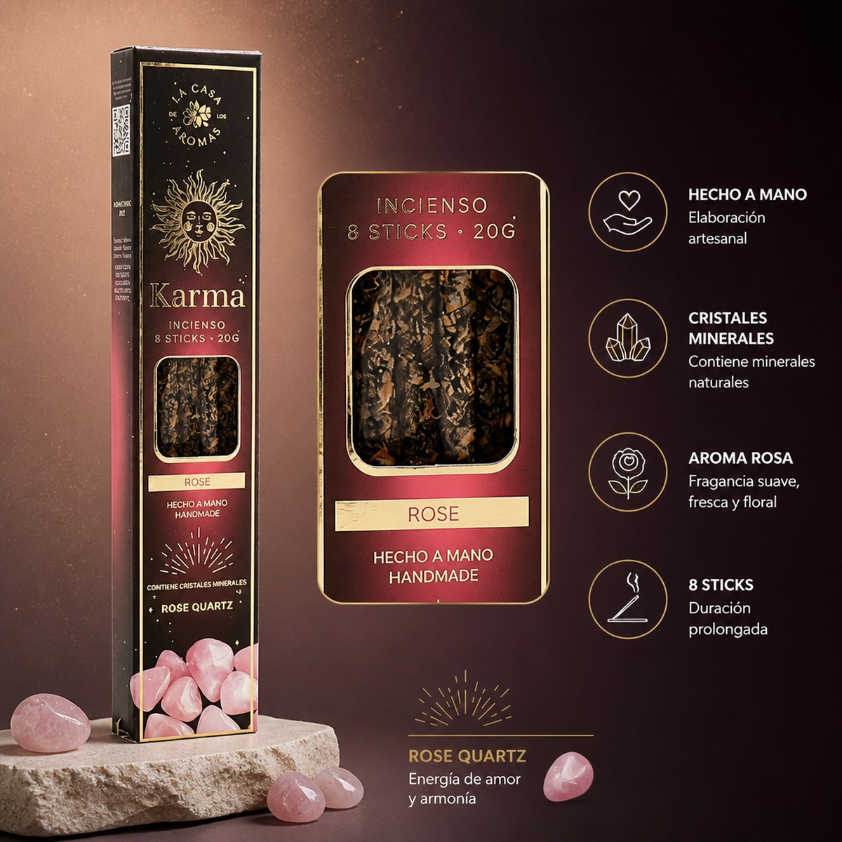 Karma Räucherstäbchen mit Rosenquarz