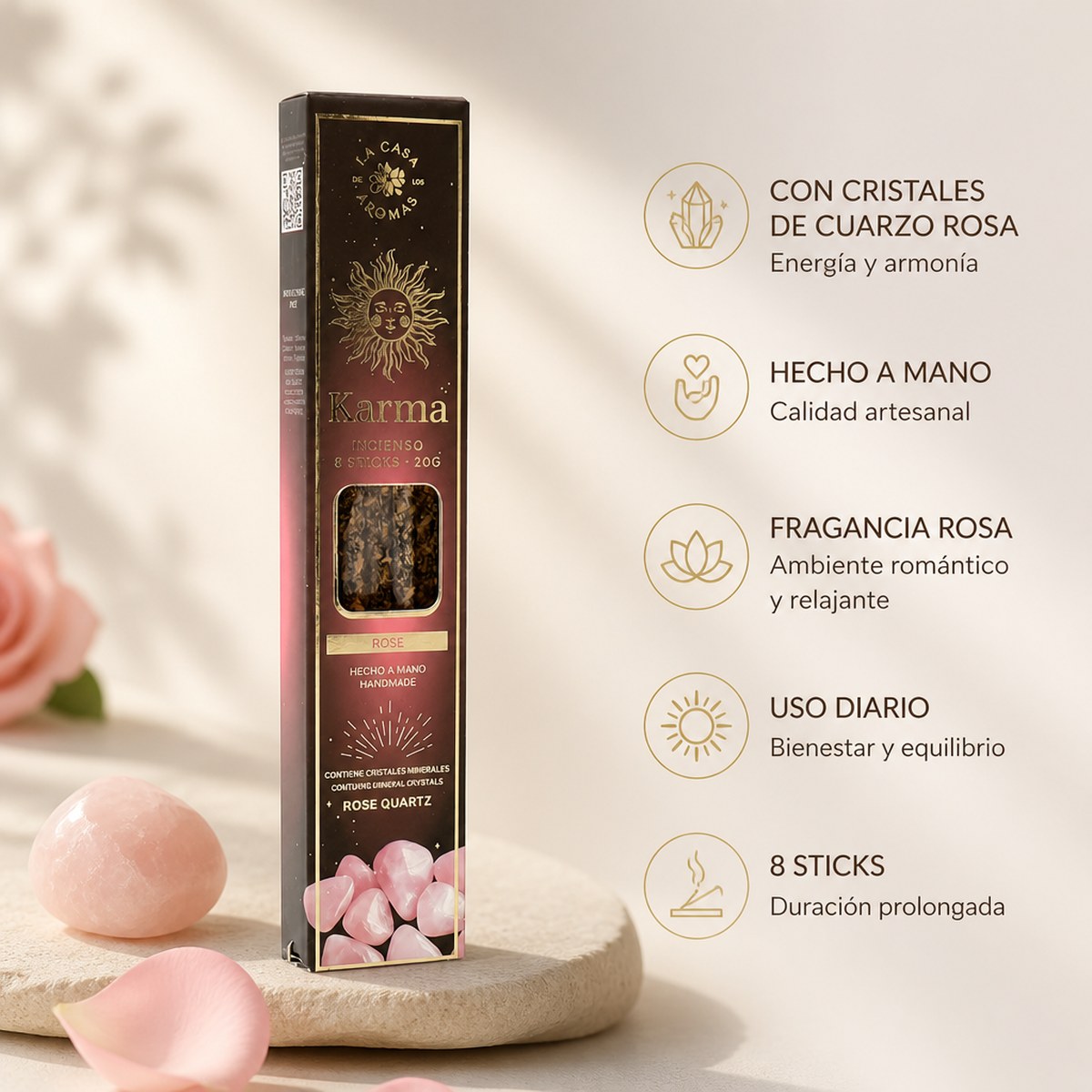 Karma Räucherstäbchen mit Rosenquarz