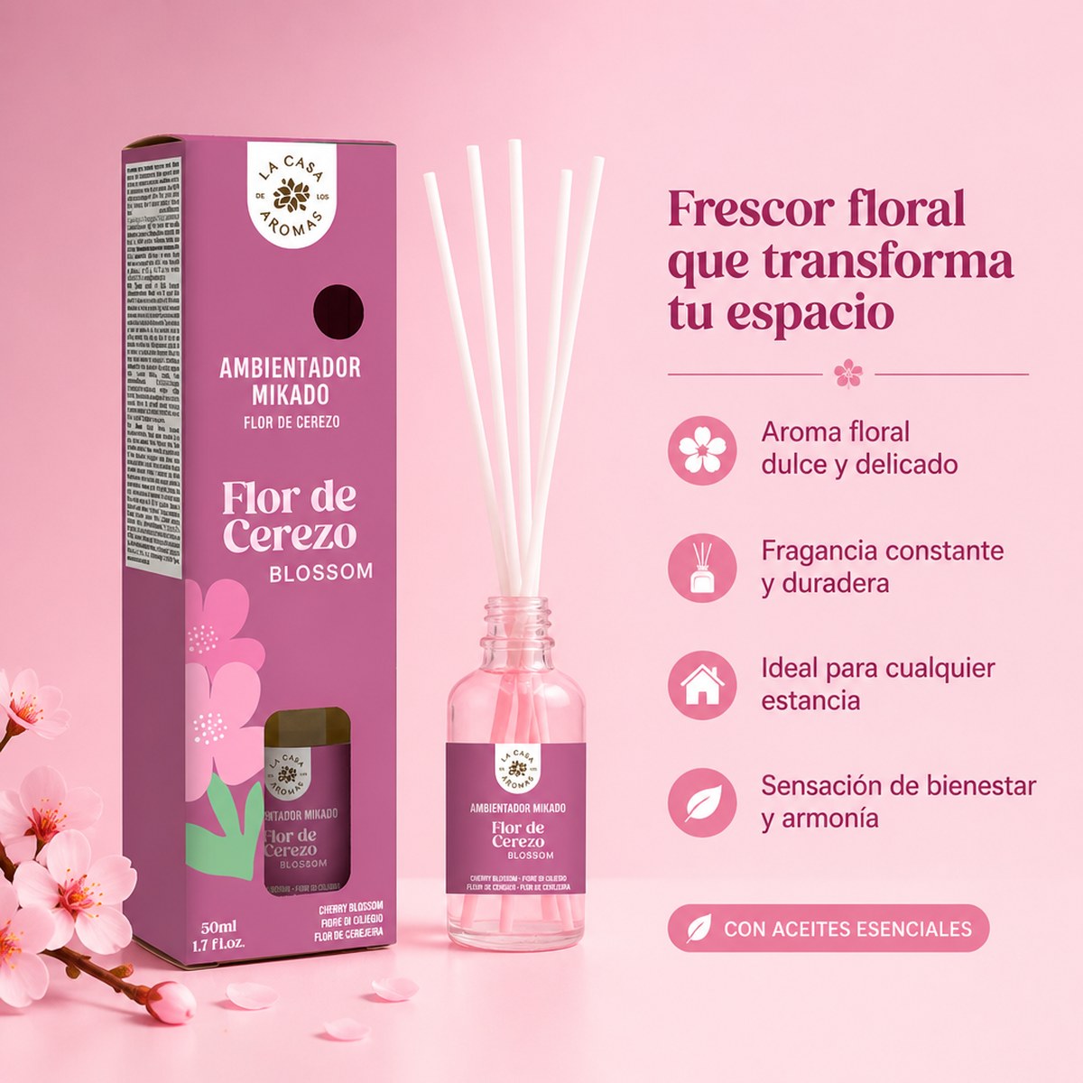 Mikado Lufterfrischer Kirschblüte La Casa de los Aromas | 50 ml | Zarter Duft | Zuhause