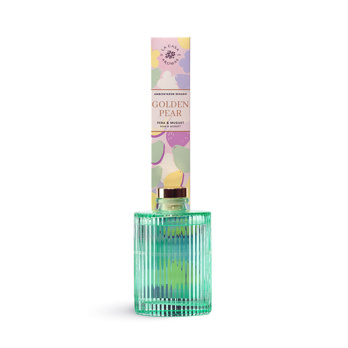 La Casa de los Aromas Golden Pear Reed Diffuser (Pear & Lily of the Valley) product images and lifestyle scenes