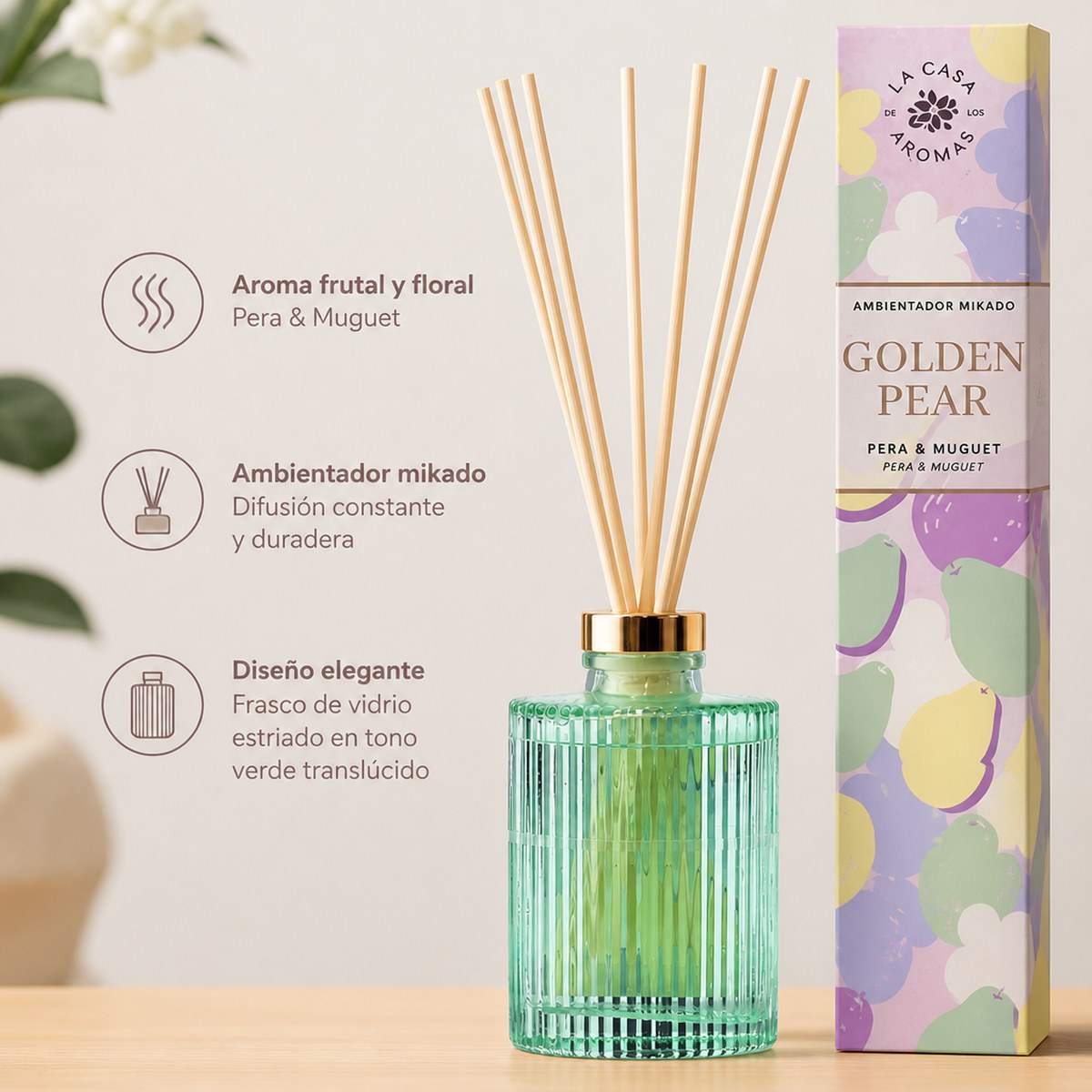 Mikado Lufterfrischer Golden Pear La Casa de los Aromas | Birne & Maiglöckchen | Glasflasche | Zuhause