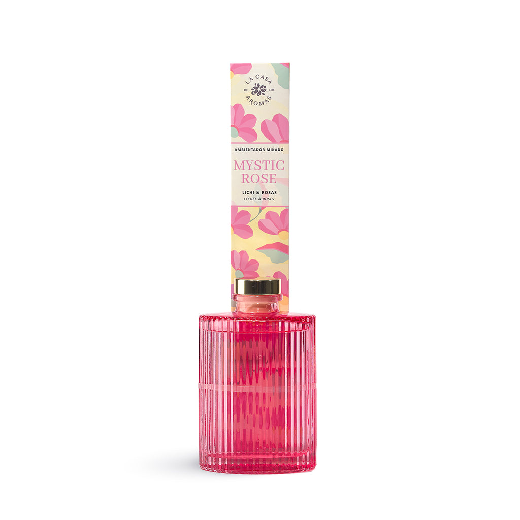 La Casa de los Aromas Mystic Rose Lychee & Roses Reed Diffuser product images and lifestyle scenes