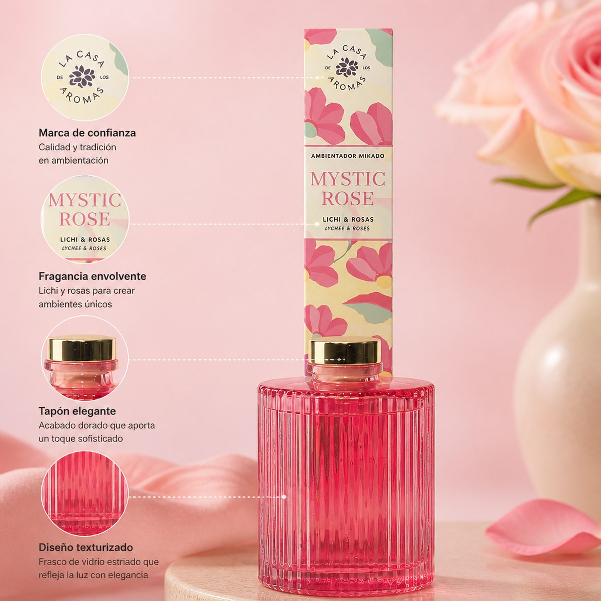 Mikado Air Freshener Mystic Rose La Casa de los Aromas | 250 ml | Lychee and Roses | Home