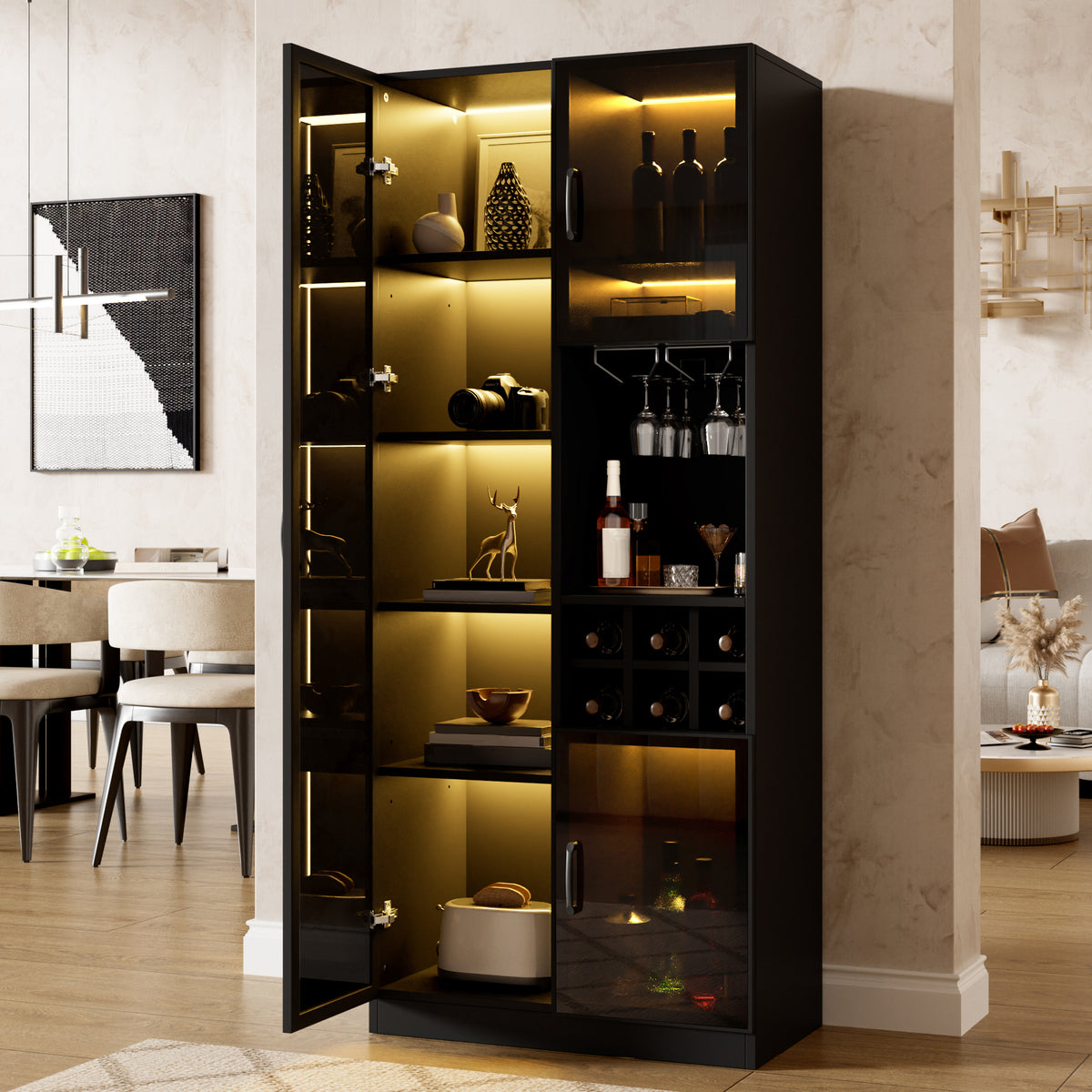 Vitrina con iluminación LED controlable por App, armario de cristal con puertas de cristal, estante para vinos y espacio de almacenamiento, armario para el salón
