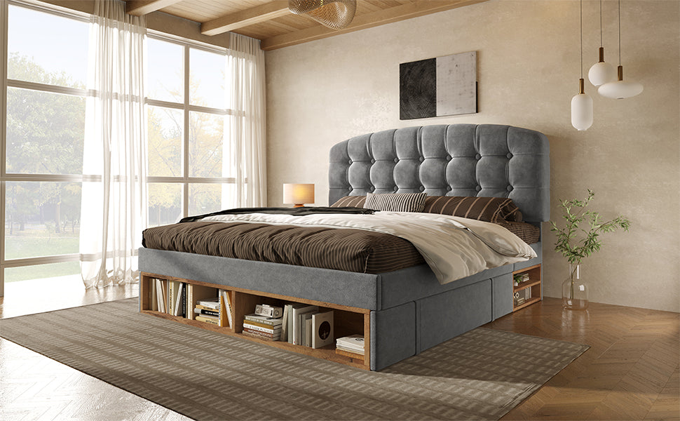 Cama Doble 140x190 cm de Lana Gris con Cajones y Cabecero Regulable – Sin Colchón