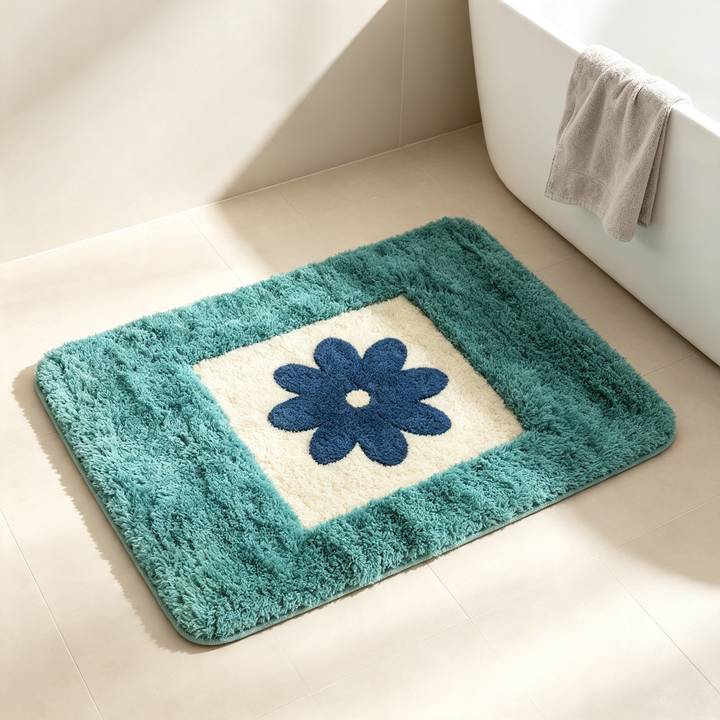 Antirutsch-Badematte | Blau-grünes Blumendesign | Weich, saugfähig und maschinenwaschbar