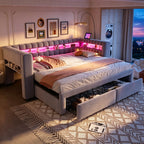 Sofá cama con cojines 90/180 × 190 cm, con cama extraíble y cajones, estantes integrados, iluminación LED, conectores USB y Typ-C, tela de seda gris claro