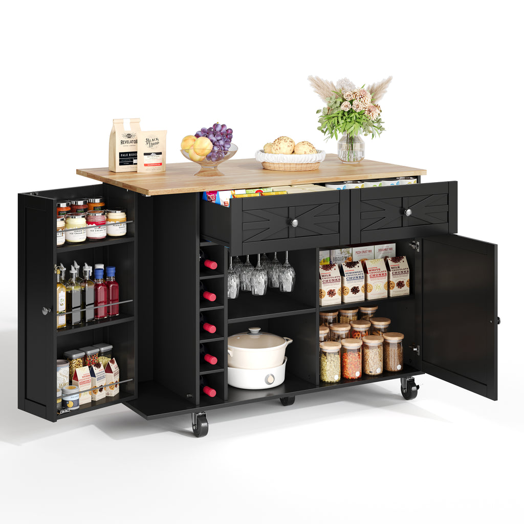Isla de cocina con placa de trabajo plegable, equipada con 5 ruedas con cierre, armario, estante para vinos y soporte para vasos, negro, 120 x 45(70) x 89 cm