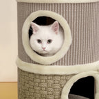 Torre de gato de 49 cm de altura, de 35,5 cm de diámetro, con dos niveles, con borde de plush y alfombra de rascar, 2 cuevas Khaki + Café