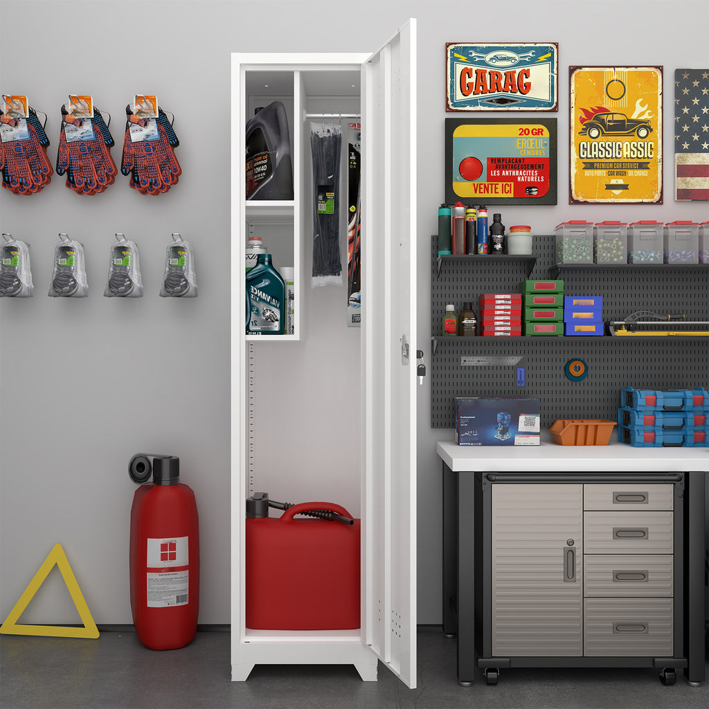 Gabineté de almacenamiento para limpieza de metal esbelto y blanco con puerta cerradora, estantes y barra de colgado, 65" de alto, organizador de utilidades para la cocina, despensa, oficina, taller y garaje