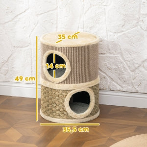 Torre de gato de 49 cm de altura, de 35,5 cm de diámetro, con dos niveles, con borde de plush y alfombra de rascar, 2 cuevas Khaki + Café