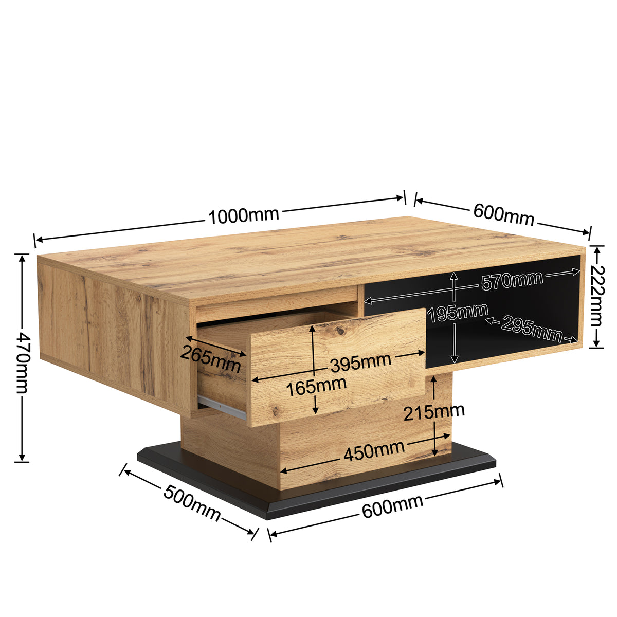 Mesita de centro de madera con textura, con un cajón sin mango, un estante y estante trasero, espacio de almacenamiento doble. Oficina, sofá de salón, gran espacio de almacenamiento.