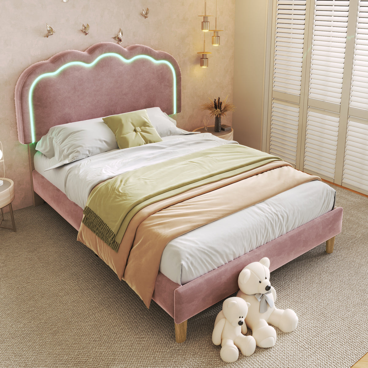 Cama con Colchón LED Individual 90 x 190cm, Base de Cama con Armazón de Latas y Parte Superior de Cabeza Ajustable, Cama Con Colchón en Rosa, Armazón de Cama para Habitación de Dormir, Habitación de Huéspedes - Seda