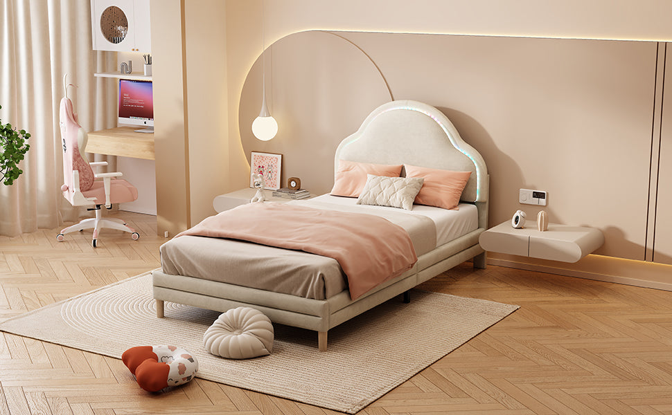 Cama con cabezal en forma de nubes, con luces LED multicolores y cambiantes, cama para niños con listones de madera, cama individual, seda, beige, 90x200cm