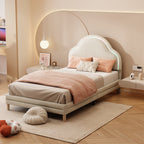 Cama con cabezal en forma de nubes, con luces LED multicolores y cambiantes, cama para niños con listones de madera, cama individual, seda, beige, 90x200cm