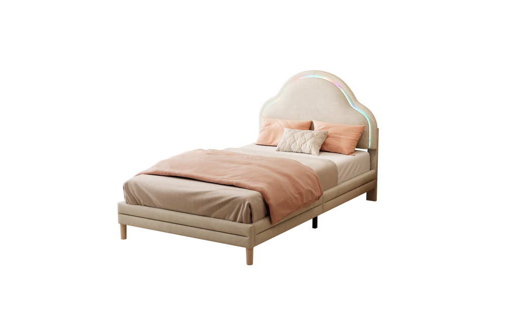 Cama con cabezal en forma de nubes, con luces LED multicolores y cambiantes, cama para niños con listones de madera, cama individual, seda, beige, 90x200cm