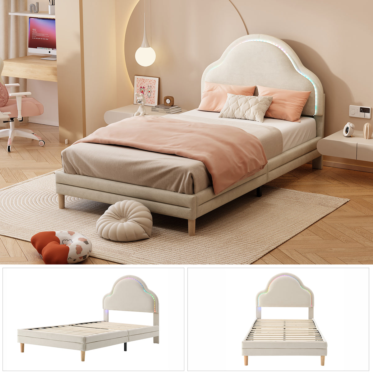Cama con cabezal en forma de nubes, con luces LED multicolores y cambiantes, cama para niños con listones de madera, cama individual, seda, beige, 90x200cm