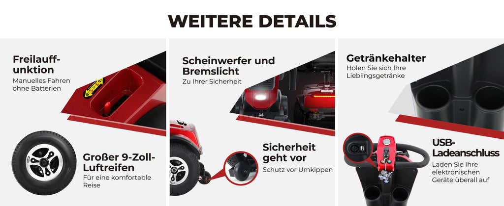 Vehículo eléctrico para mayores, motor de 300 W, capacidad de carga de 136 kg, autonomía de 25 km, soporte de cabeza giratorio de 360°, no requiere licencia de conducir. - A-MAX PLUS RED
